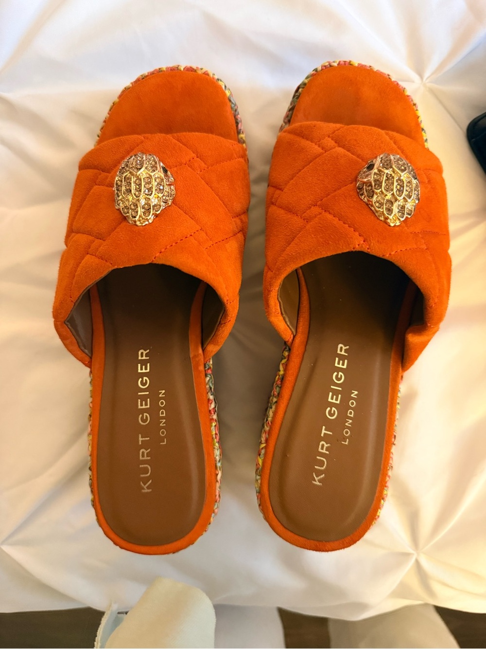Kurt Geiger Orange Quilted Slide Mules with Gold Medallions